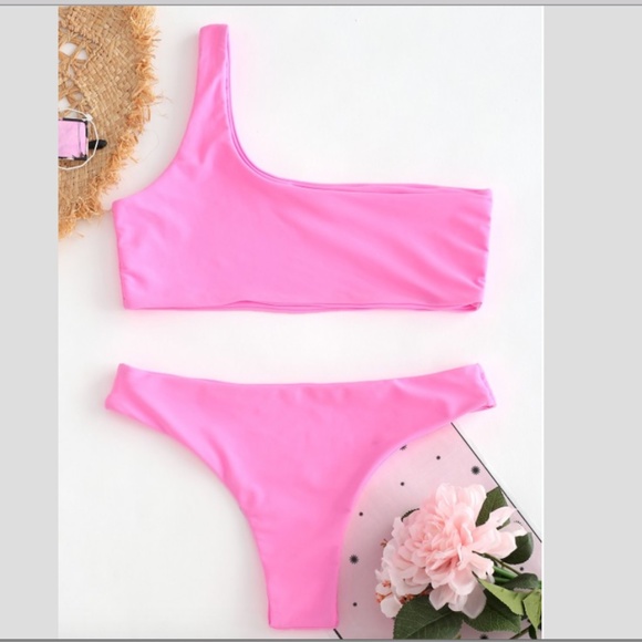 Unlined One Shoulder Bikini Set - Hot Pink S - Picture 2 of 8